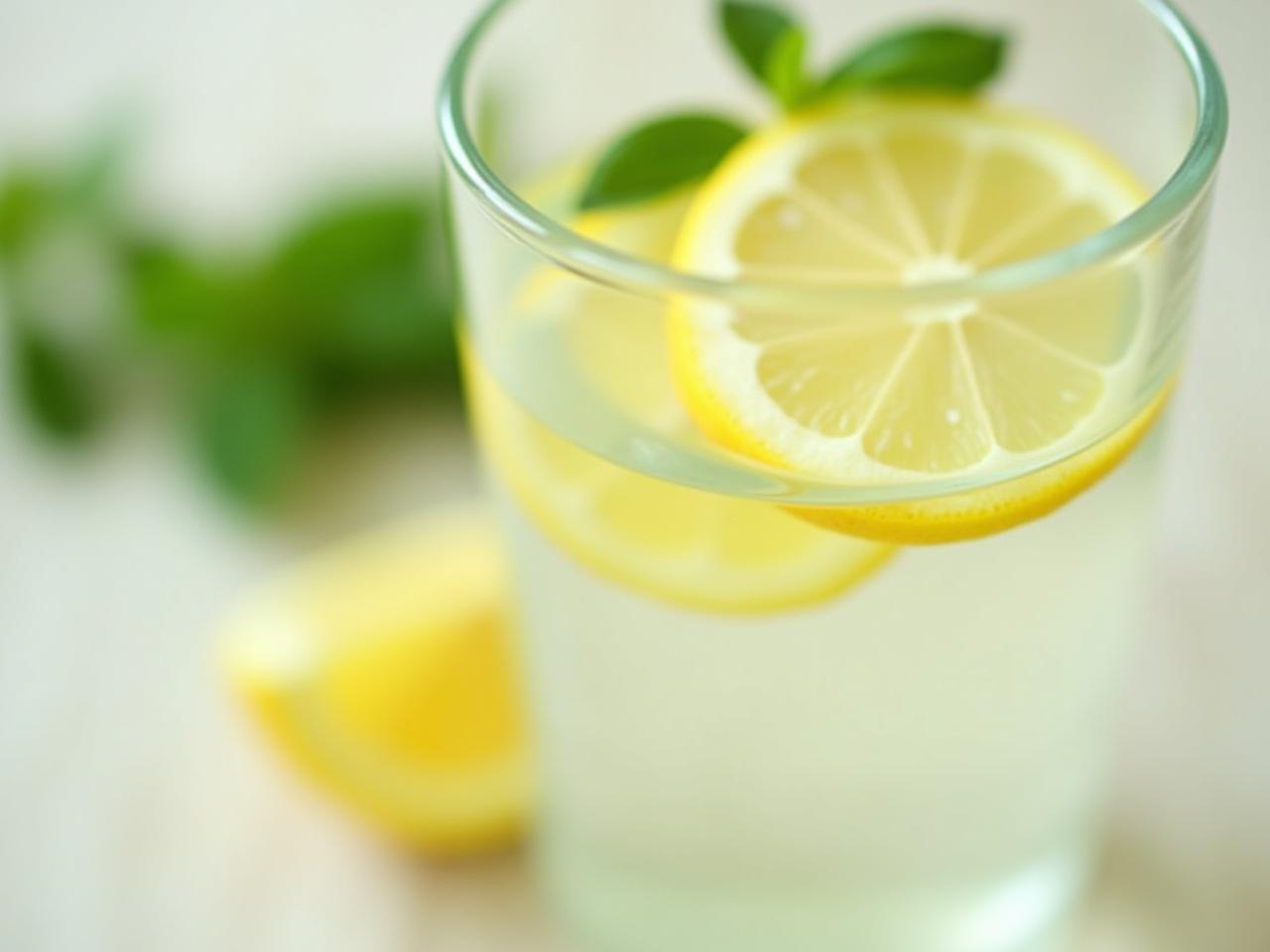 Close-up of a glass of water with lemon and mint, symbolizing hydration and anti-aging.