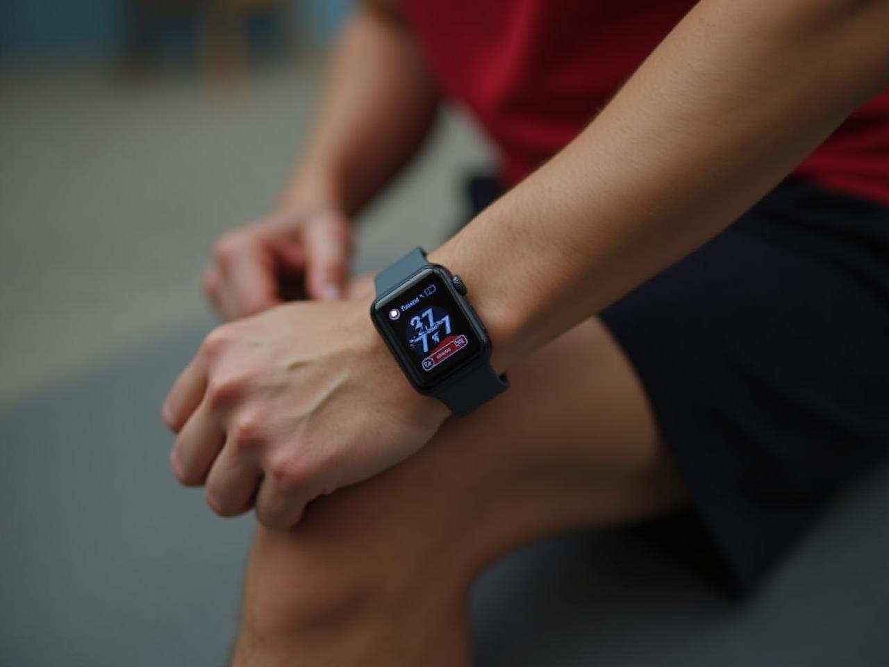 A person wearing a smartwatch while exercising, monitoring their heart rate.