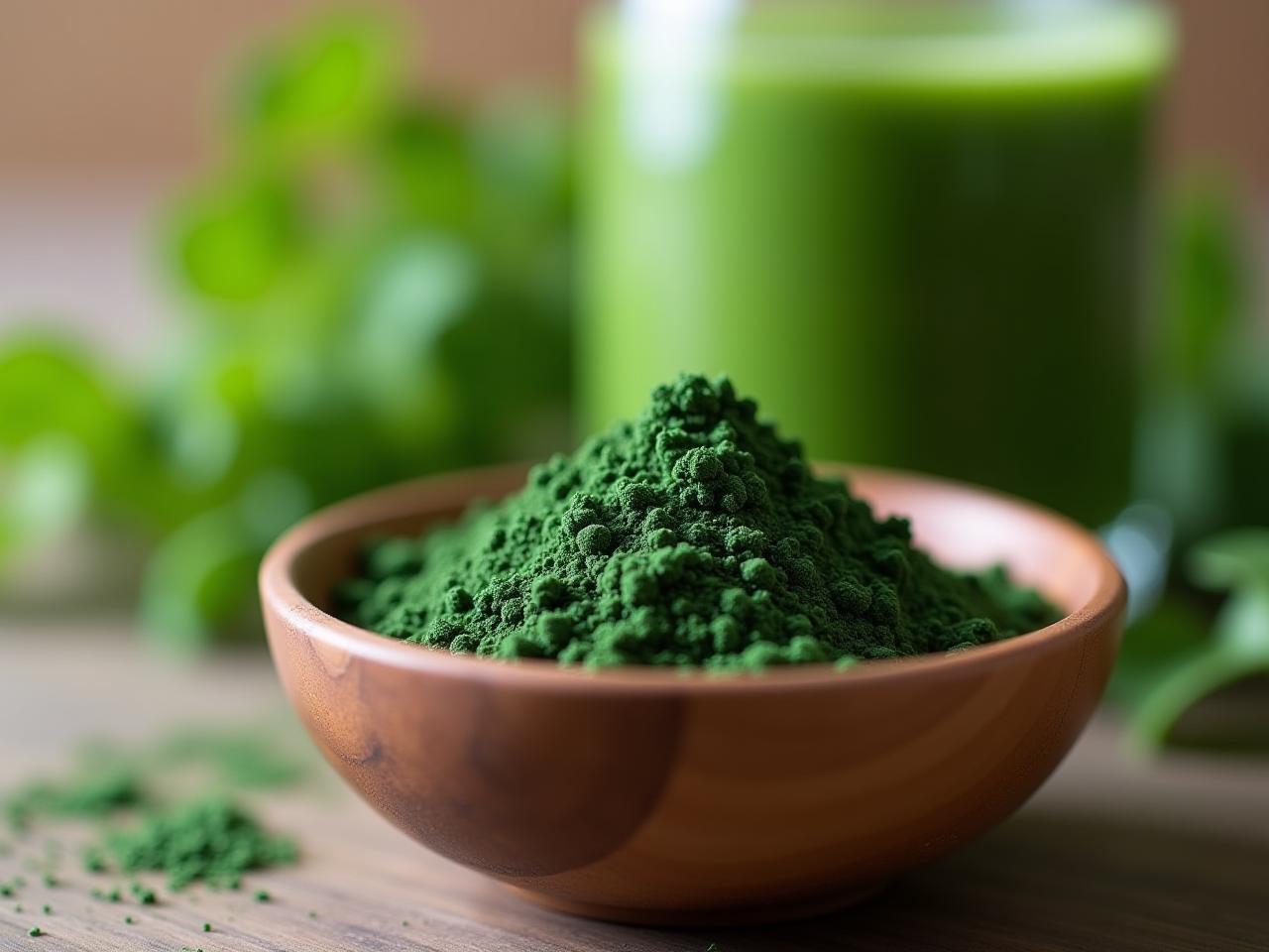 Close up of spirulina powder in a bowl, with green smoothie in the background