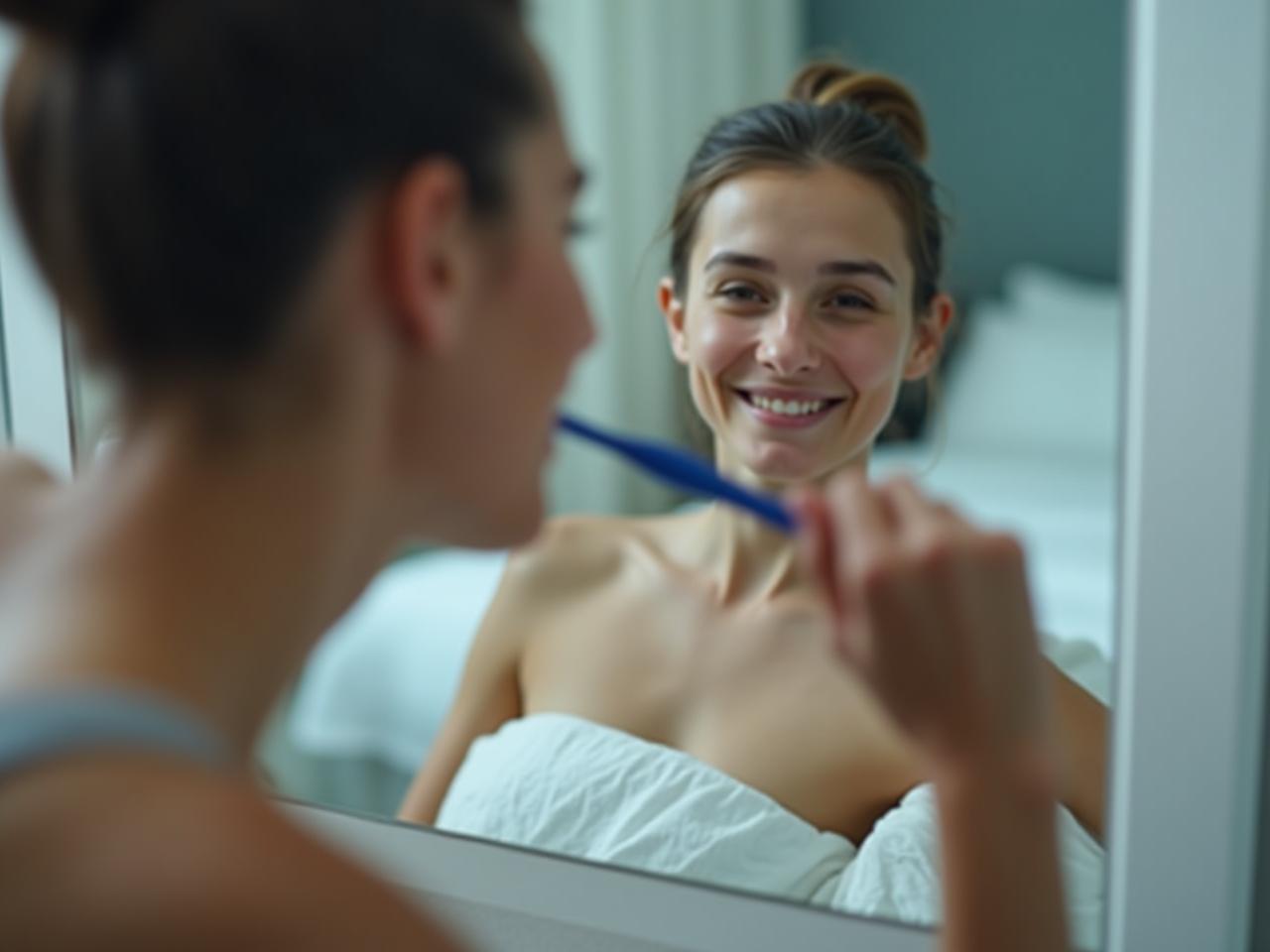 A person brushing their teeth before bed, with a relaxing background suggesting a good nights sleep.
