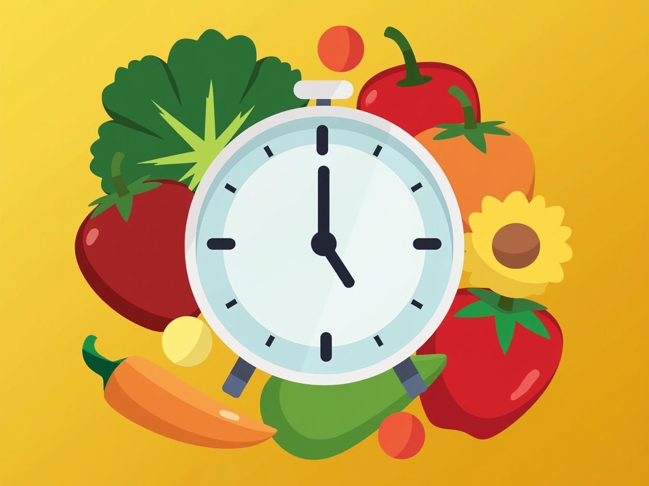 A clock surrounded by fruits and vegetables, symbolizing the importance of timing meals for weight management.