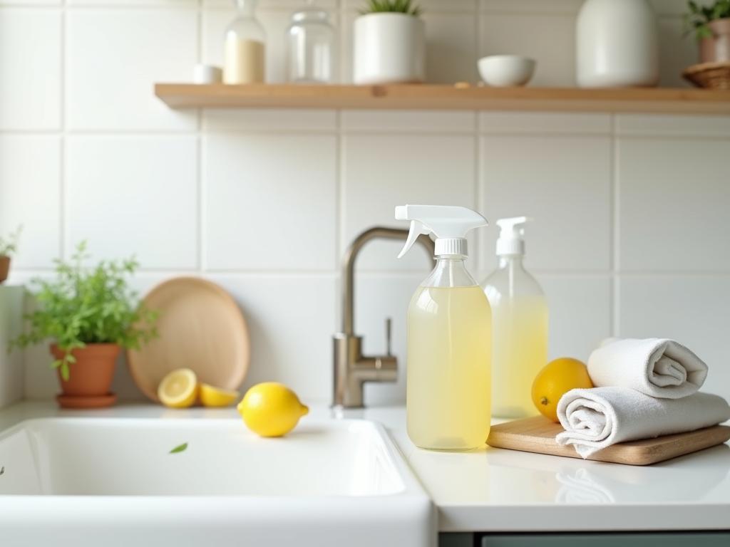 A clean and organized kitchen with natural cleaning products like lemon, baking soda, and vinegar. The countertop is spotless, and theres a sense of freshness and order.