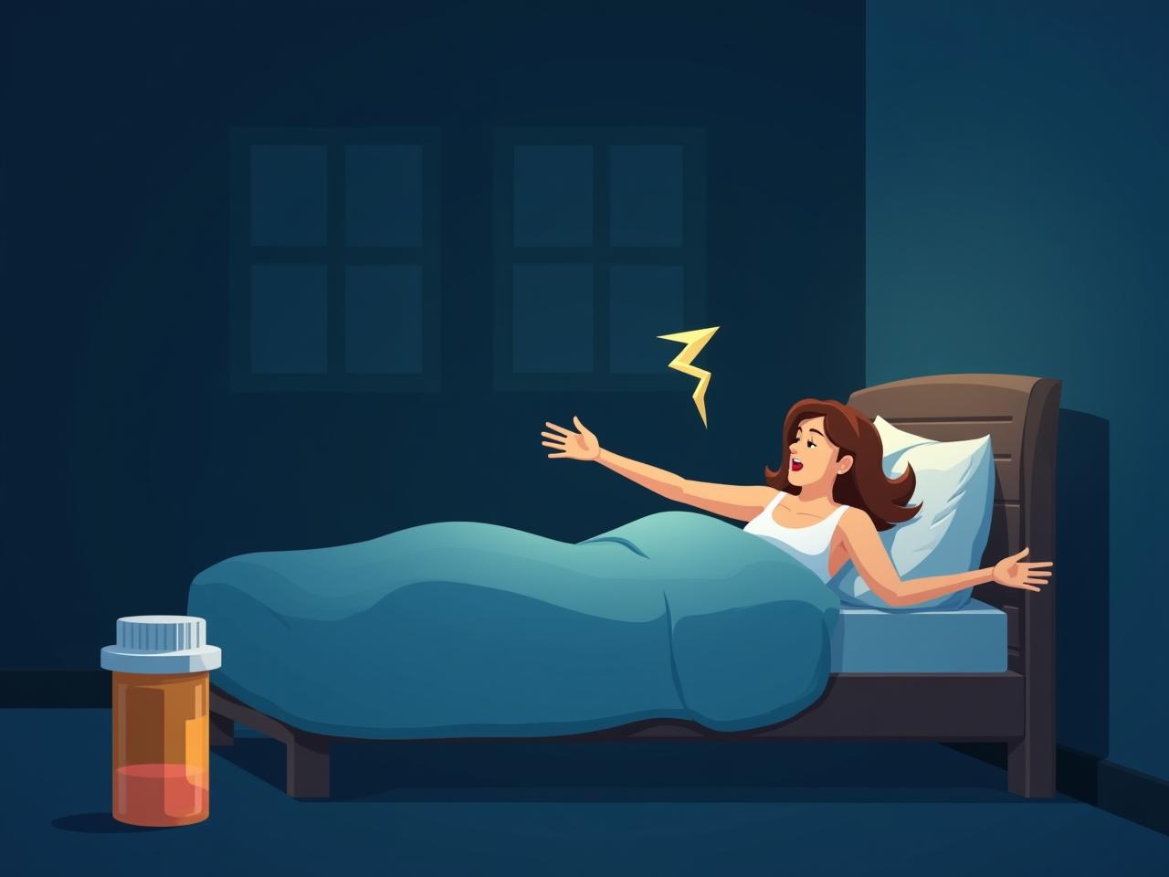 A person tossing and turning in bed at night, with a pill bottle in the background, symbolizing the struggle with sleep and reliance on sleeping pills.
