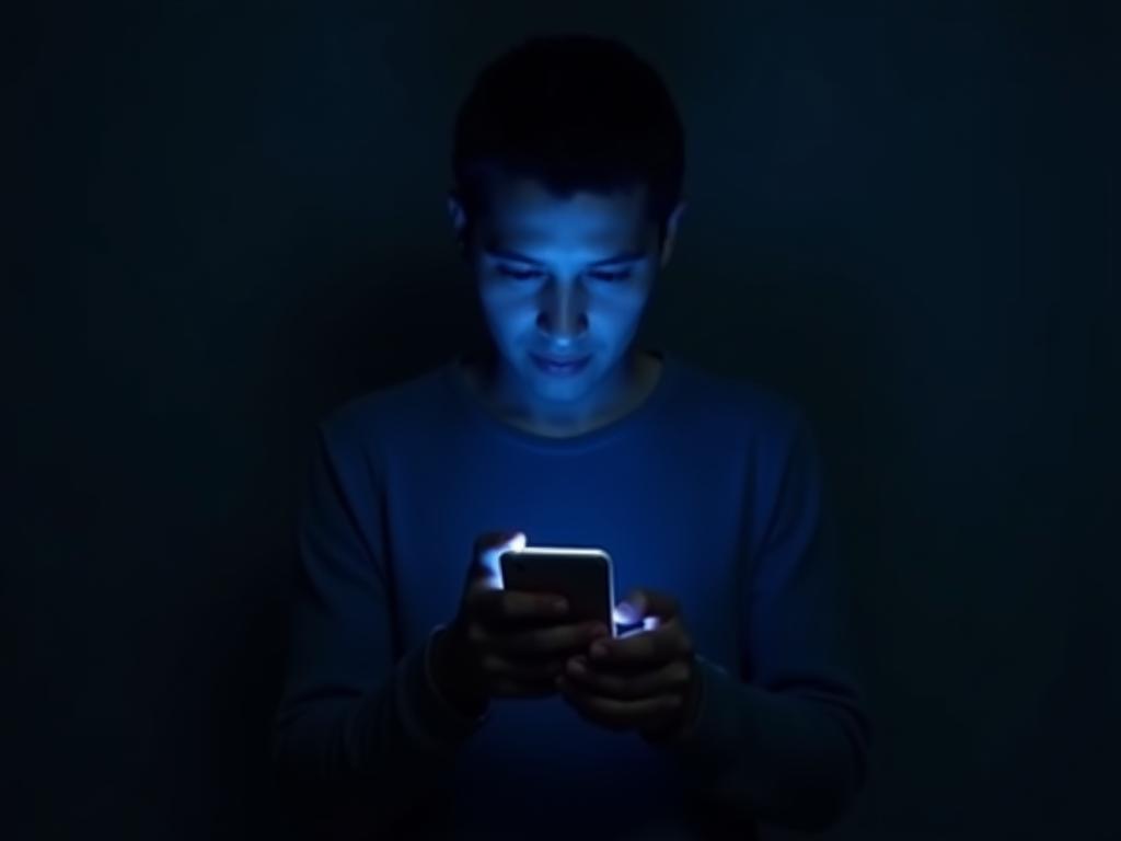 A person holding a smartphone at night with a blue light shining on their face.