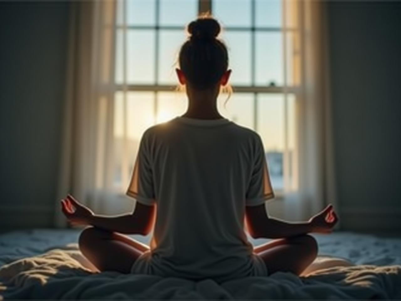 A person meditating before sleep, focusing on their breath. The image conveys tranquility and mental cleansing.