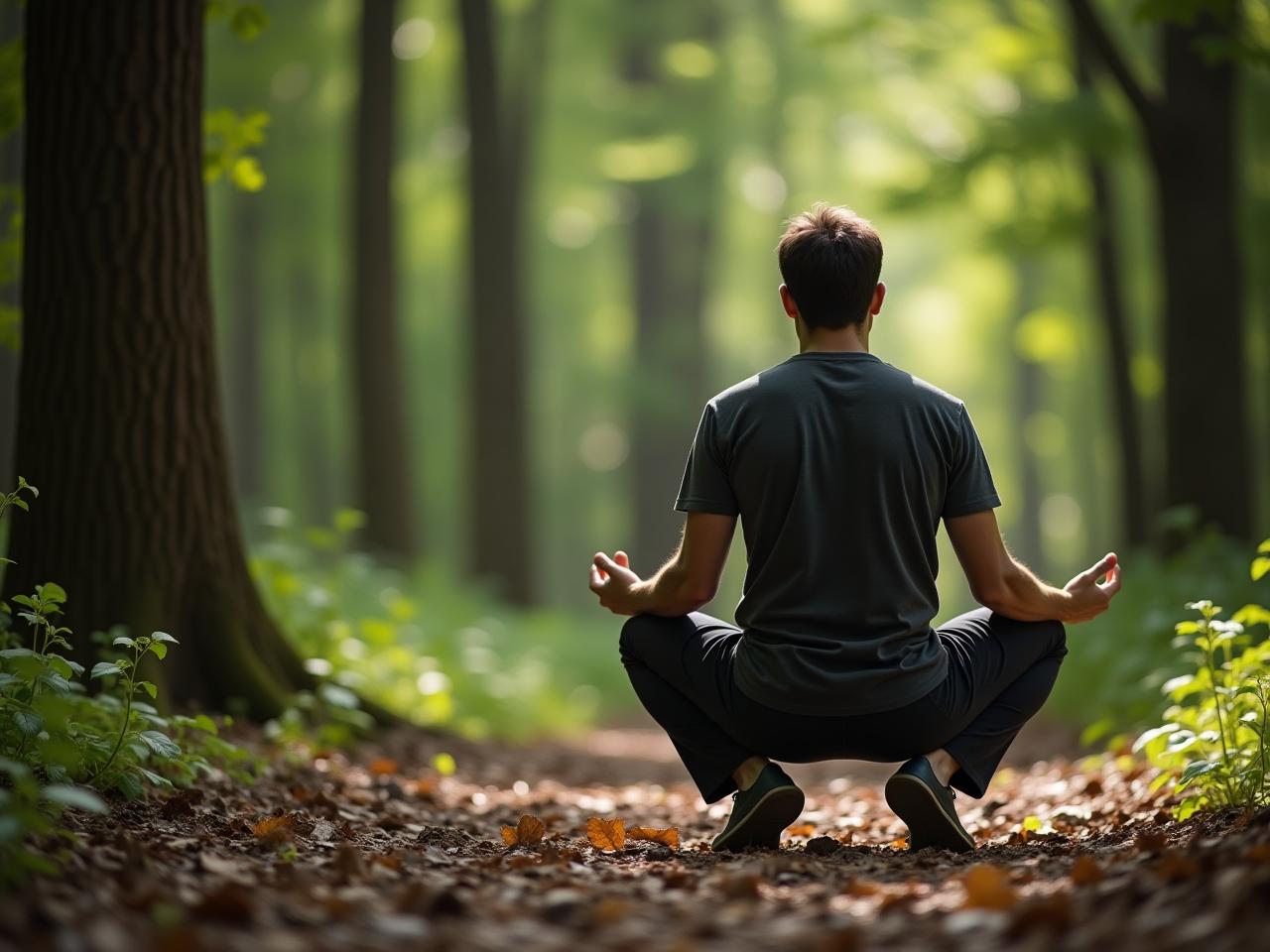 A person practicing a deep squat in a natural environment, like a forest.