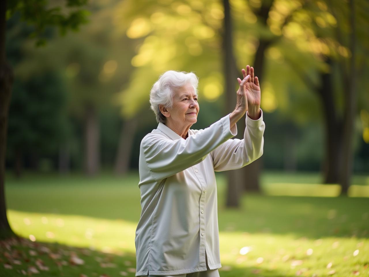 An elderly woman practicing Tai Chi in a park, symbolizing natural movement and longevity.