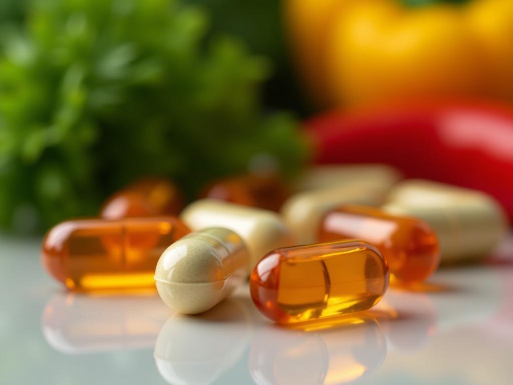 A close-up shot of PQQ capsules with a blurred background of fruits and vegetables known to contain PQQ, such as parsley and green peppers.