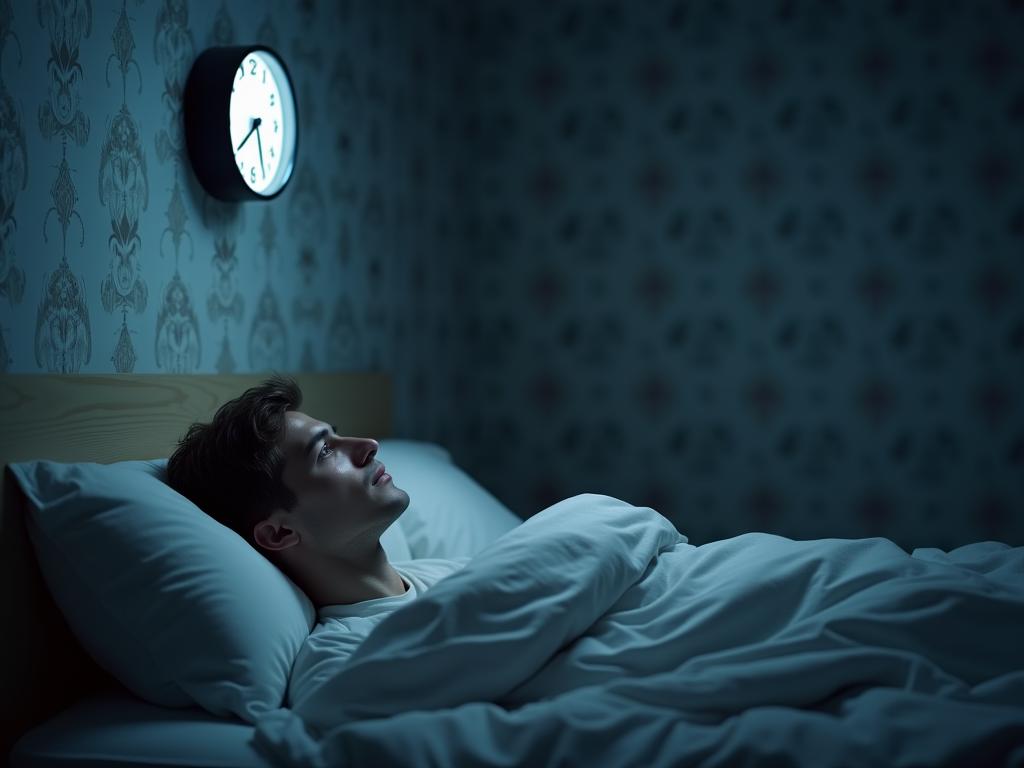 A person lying awake in bed looking at the ceiling, thinking about wallpaper, with a clock showing 3:17 AM.