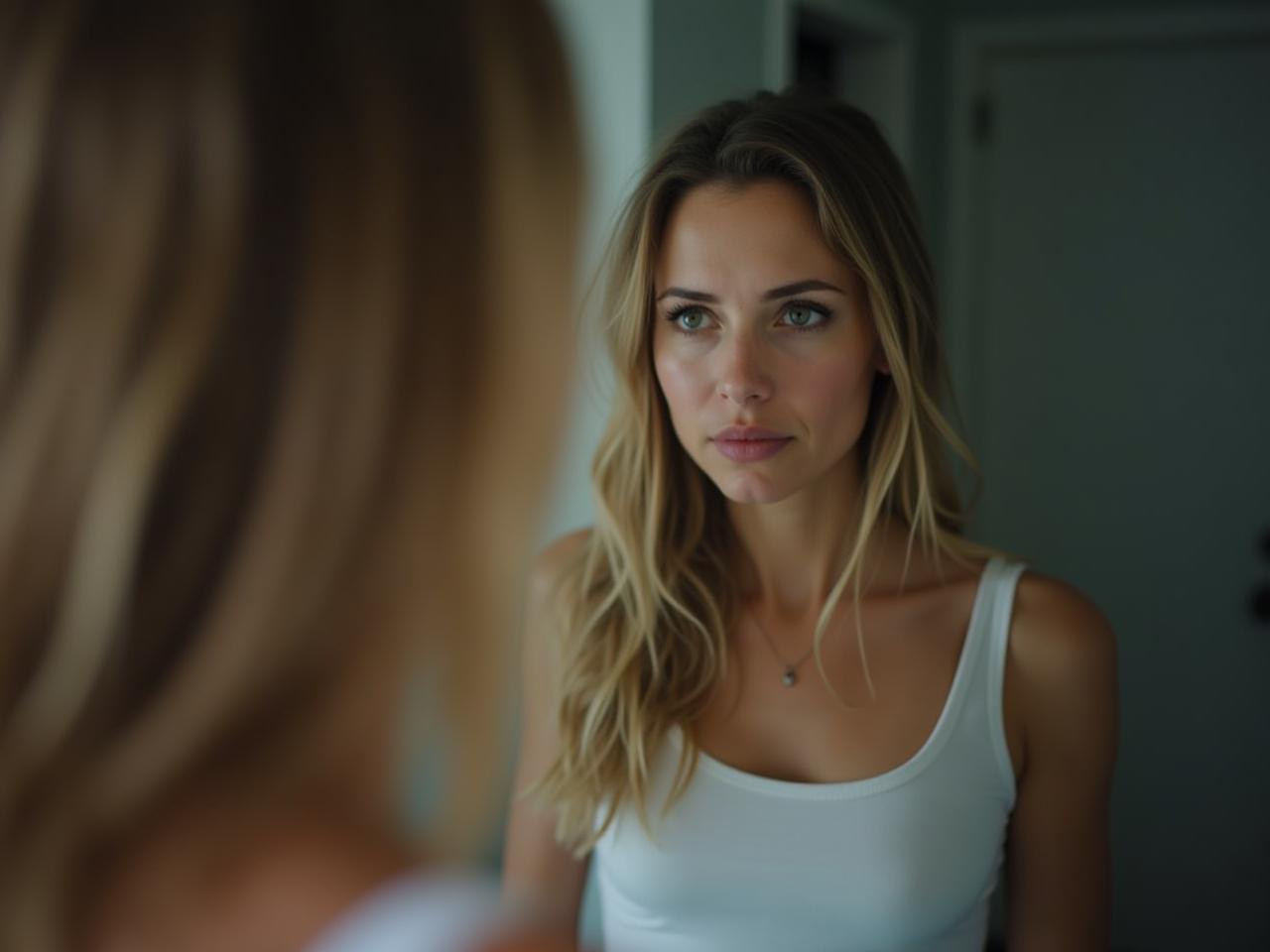 A woman looking tired in the mirror, but with a determined look to find a solution.
