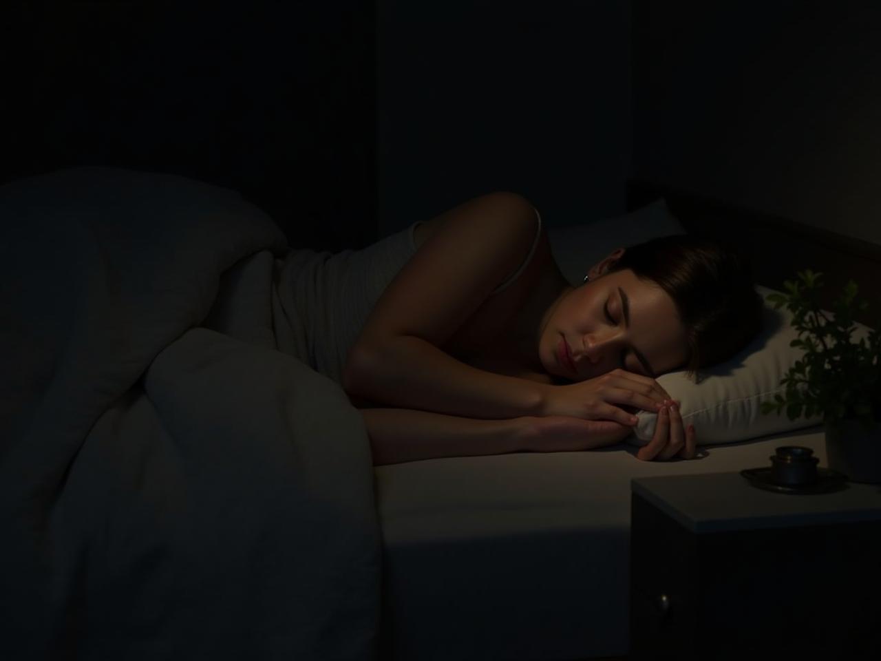 A person sleeping peacefully in a dark, comfortable bedroom. Soft lighting and natural elements are present.