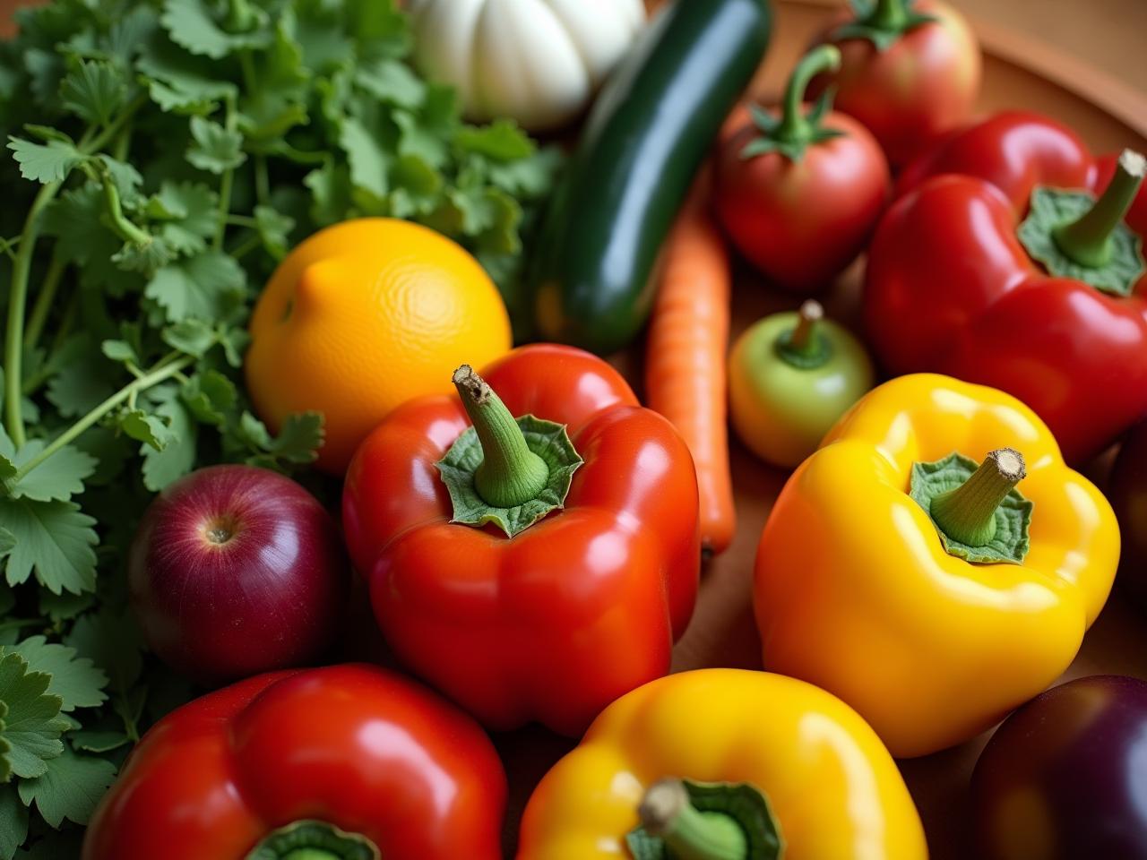A vibrant photo showcasing a colorful array of fruits and vegetables, symbolizing a balanced and healthy diet.