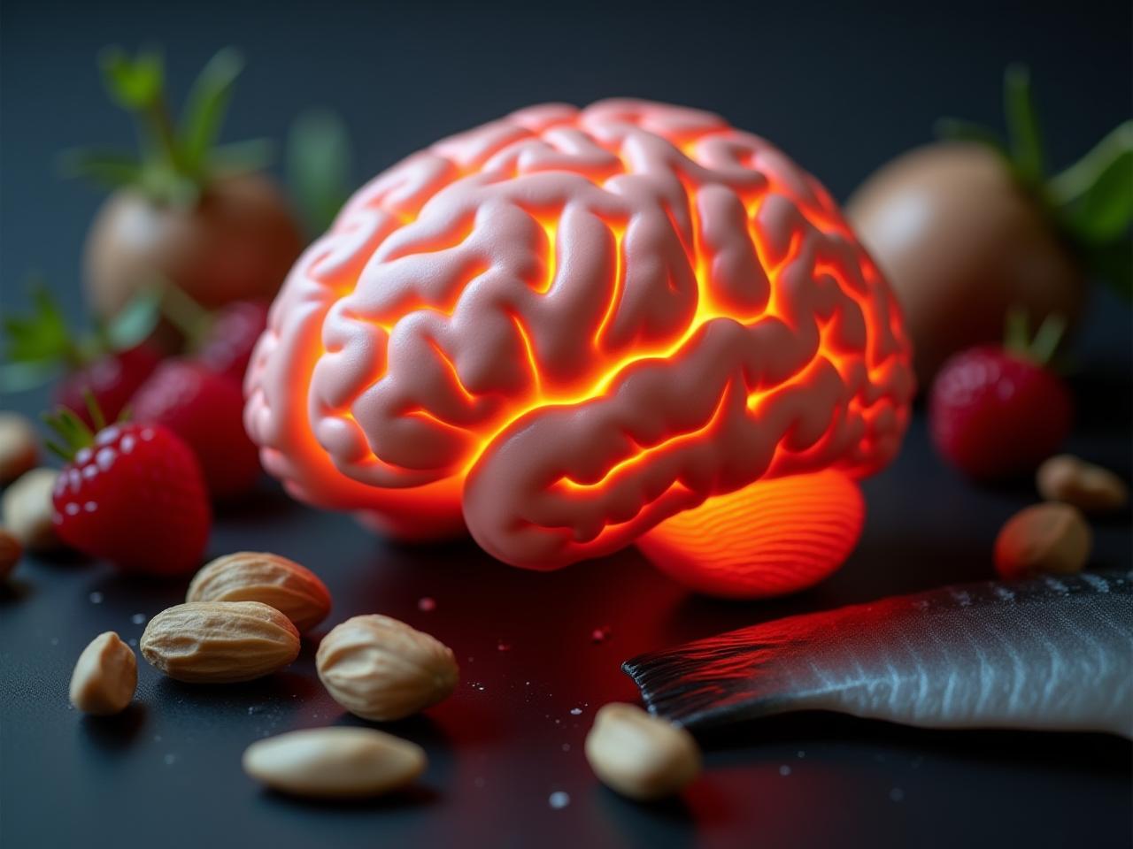 Close-up image of a brain with glowing sections, surrounded by healthy foods like fish, nuts, and berries.