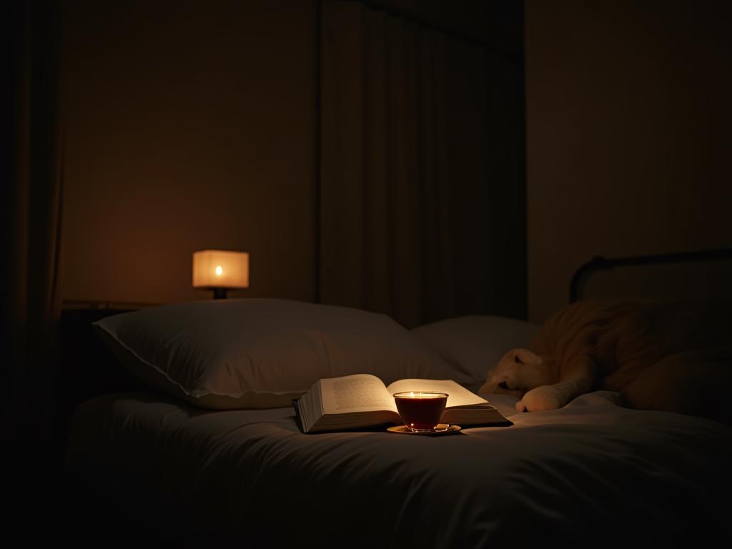 A cozy bedroom with dim lighting, a book on the nightstand, and a cup of herbal tea.