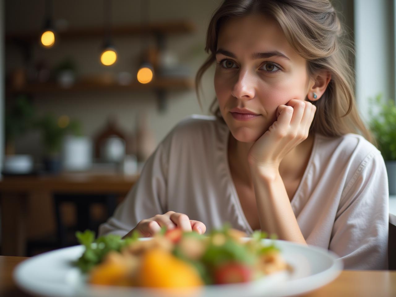 A person thoughtfully looking at a plate of food, questioning the calorie count.