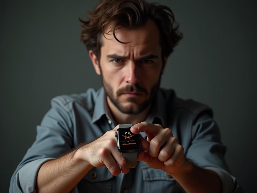A person looking skeptically at their smartwatch screen.