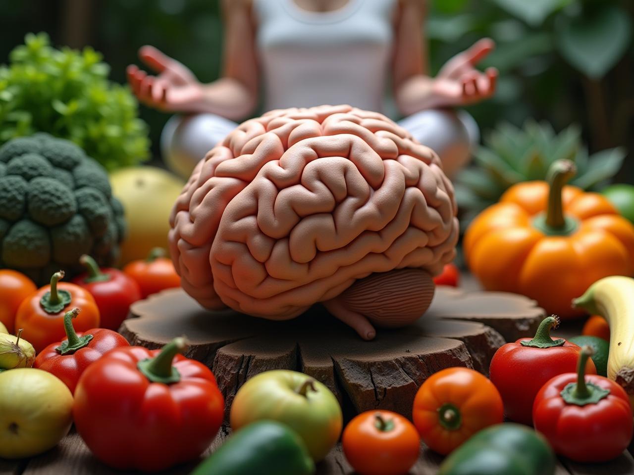 A brain surrounded by fruits and vegetables, with a person meditating peacefully in the background.
