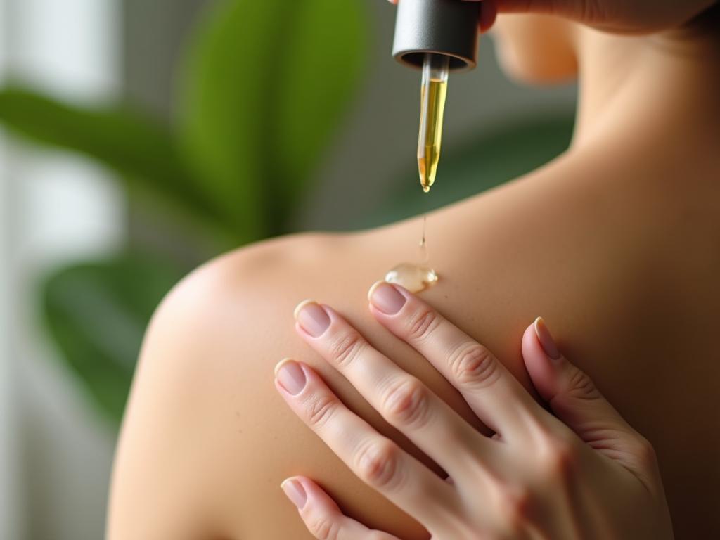 A hand applying magnesium oil on the skin with a green plant in the background