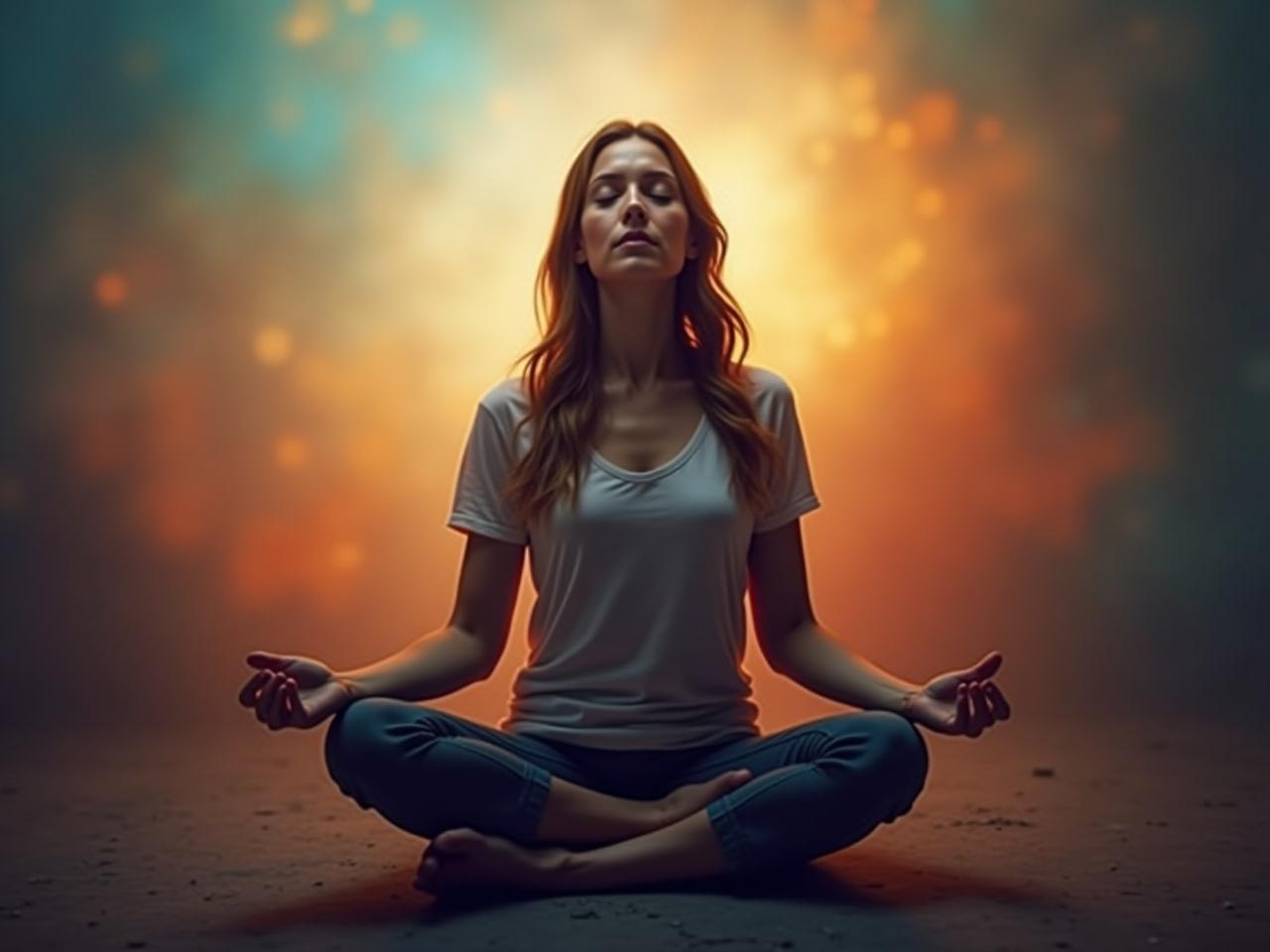 A person sitting with their eyes closed, meditating. The background is blurry and colorful, representing emotions.