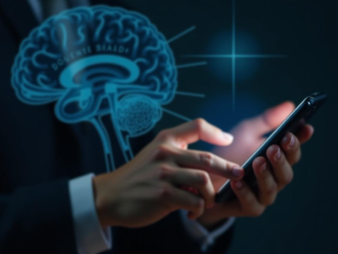 A close-up shot of hands typing on a smartphone, with a subtle overlay of brain scans in the background, symbolizing the connection between typing patterns and brain health.