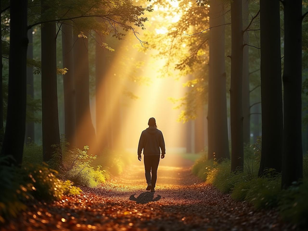 A person walking in a forest, sunlight filtering through the trees, creating a sense of peace and tranquility.