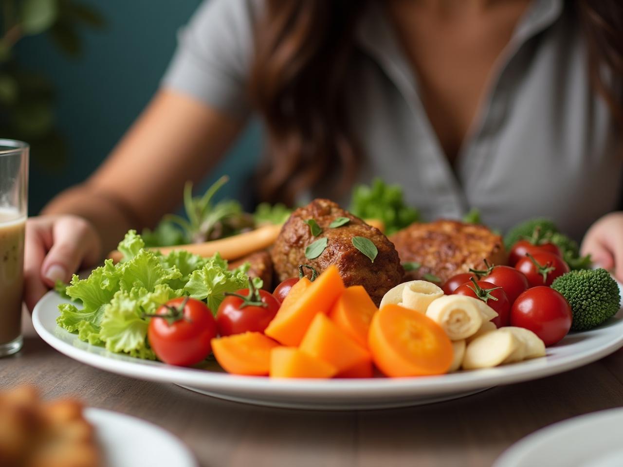 A person sitting at a table with a diverse and colorful plate of healthy food, including vegetables, fruits, and protein, with a focus on balanced nutrition.