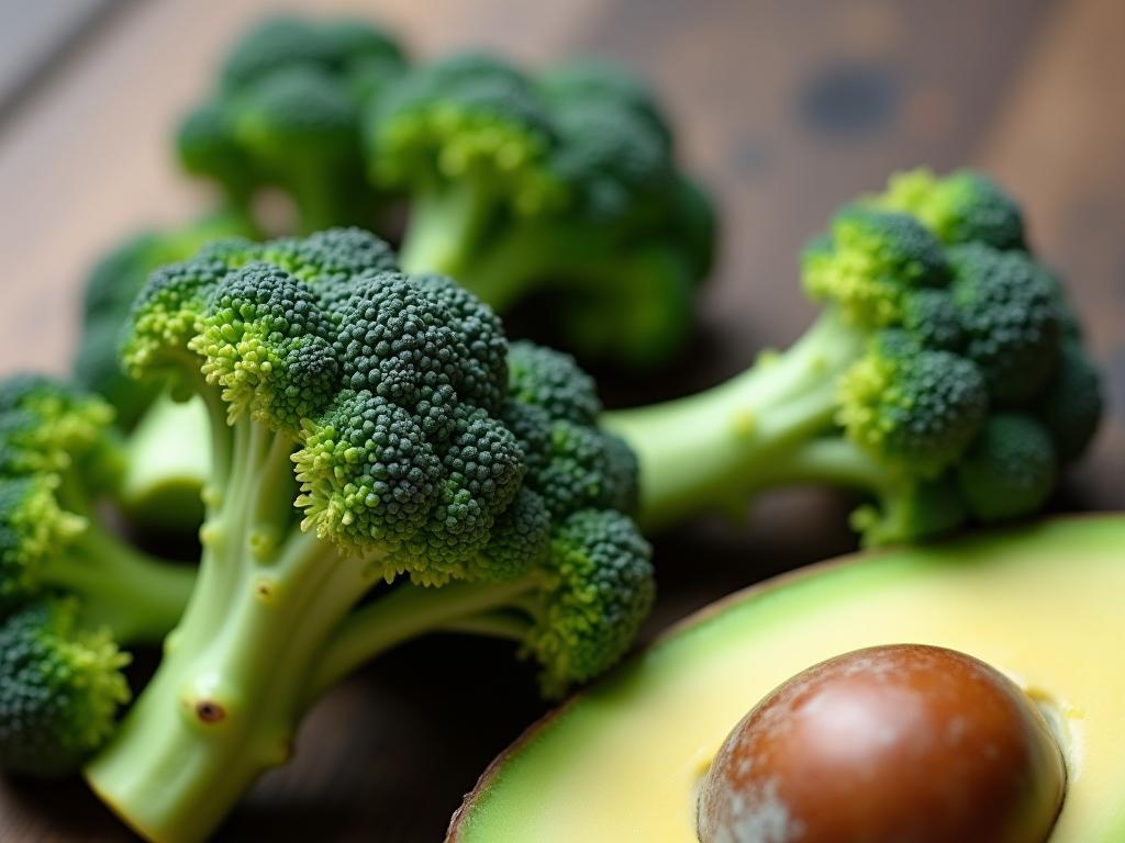 Close up shot of broccoli florets next to a sliced avocado, representing healthy eating choices for increasing growth hormone.