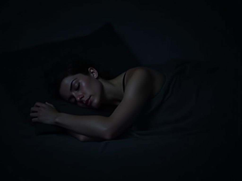 A person sleeping peacefully in a dark and cool room.
