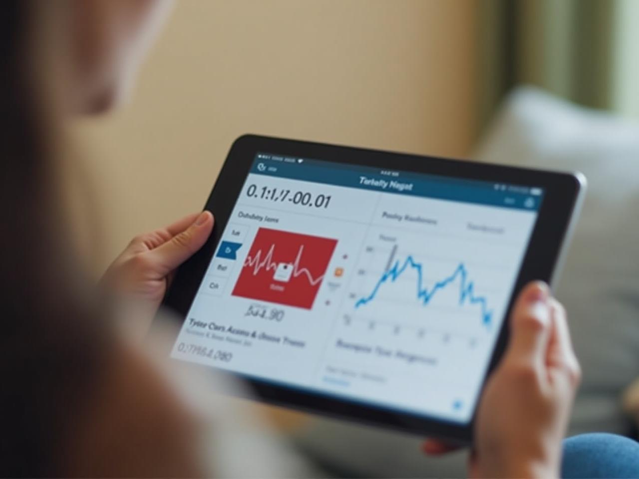 A person using a health monitoring device while looking at data on a tablet.