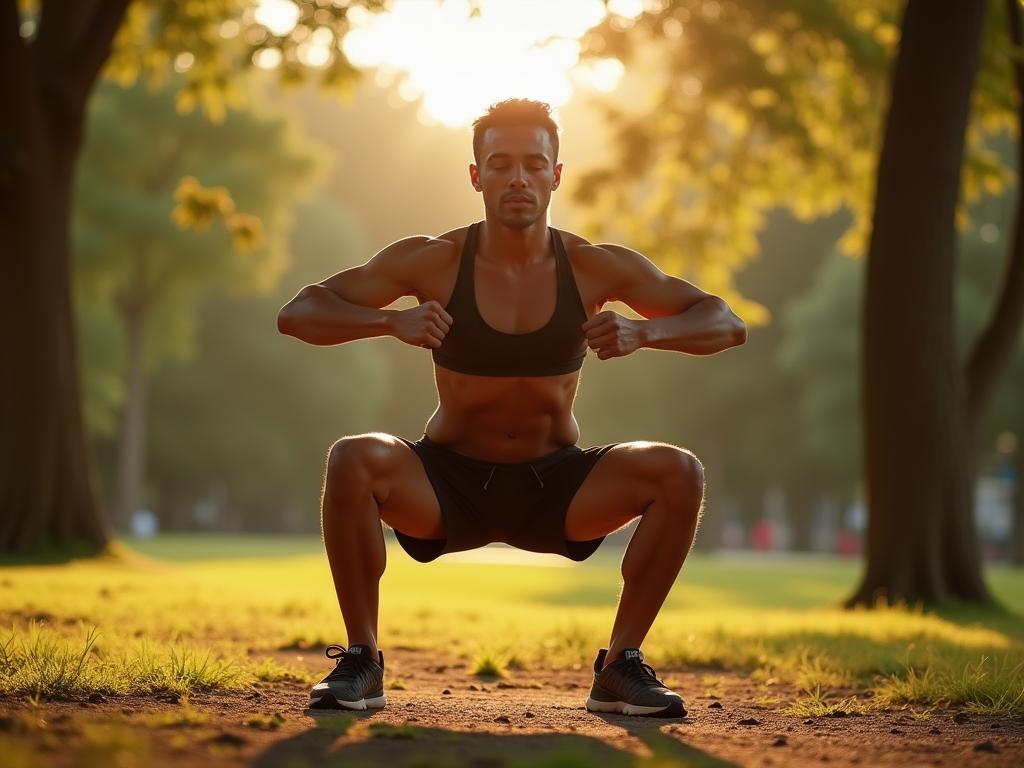 A person doing squats in a park, with trees and sunlight in the background. The image evokes a sense of natural movement and vitality.