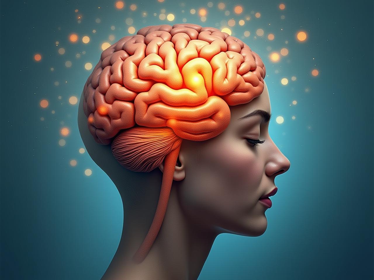 Brain with inflammation, healthy food, yoga, meditation, sleep.