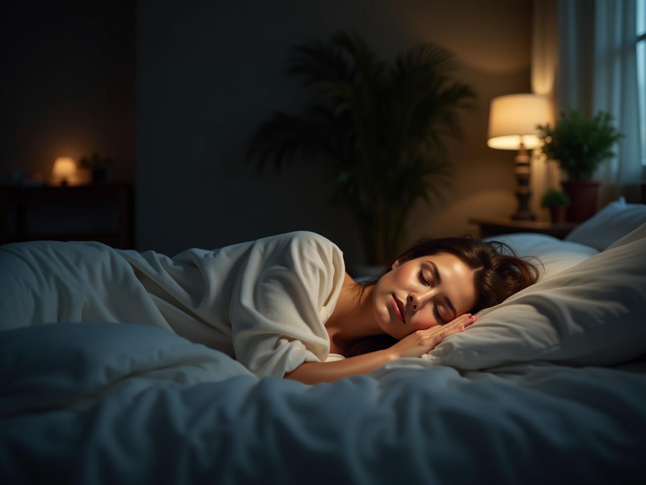 Woman sleeping peacefully in a dark room, surrounded by soft lighting and natural elements.