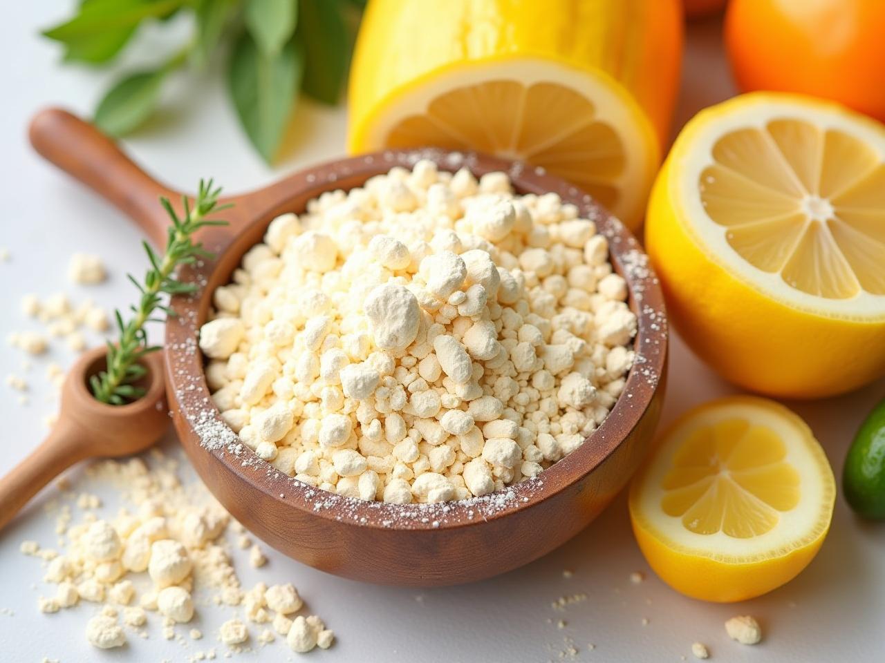 Collagen powder with fruits and vegetables, representing a healthy diet and collagen supplementation.