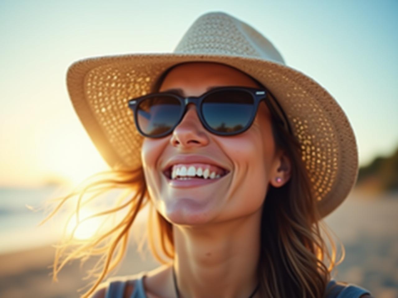 A person wearing a hat and sunglasses, enjoying the sun responsibly.