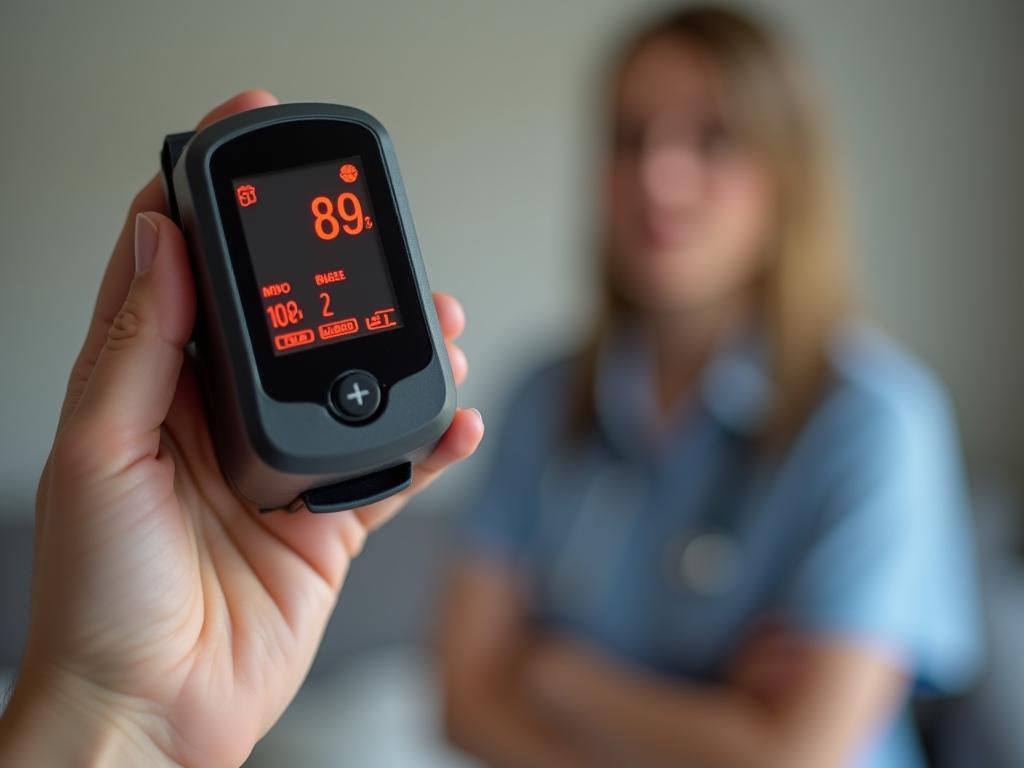 A hand holding a pulse oximeter showing a reading, with a blurred background of a person looking concerned.