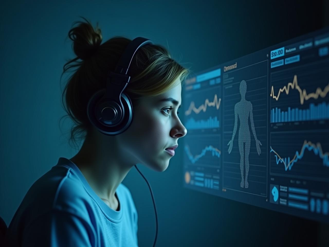 A person listening attentively with headphones, with graphs and data visualizations subtly overlaying the image, representing the analysis of voice and body signals for detecting depression.