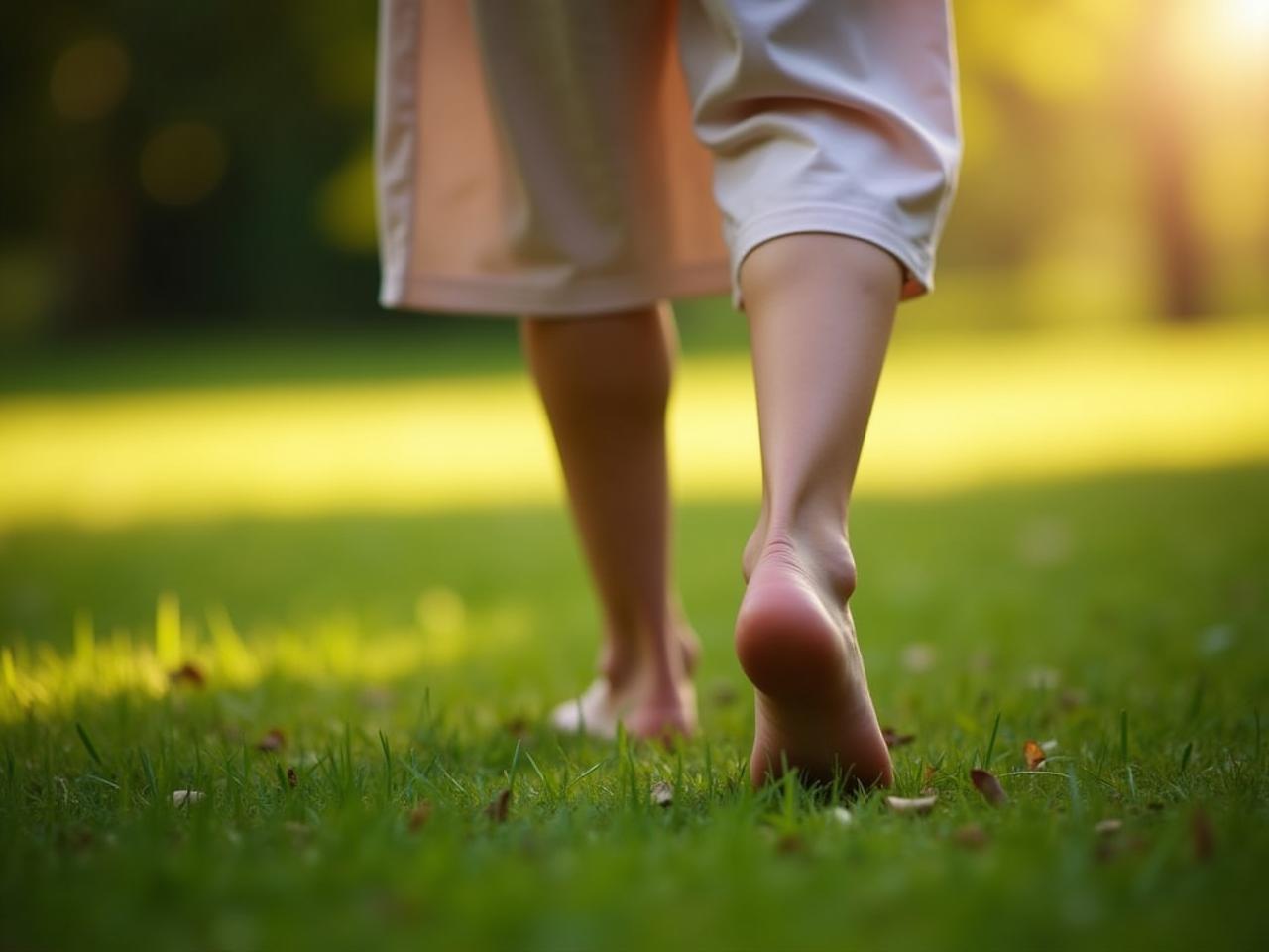 A person walking barefoot on grass, connecting with nature and feeling the earth beneath their feet.