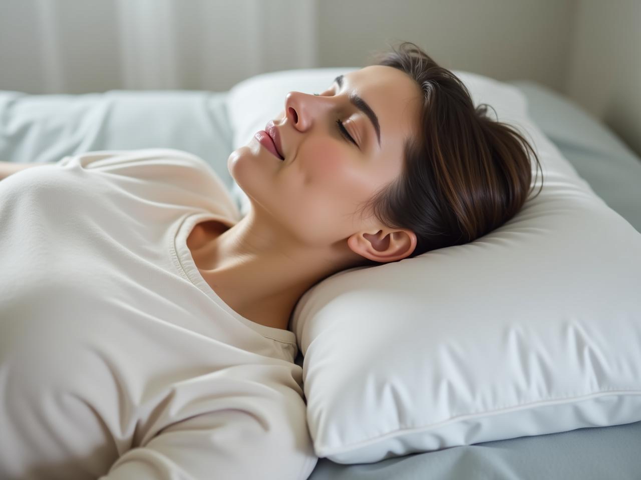 A person sleeping peacefully on a comfortable pillow, with a focus on the alignment of their neck and spine.