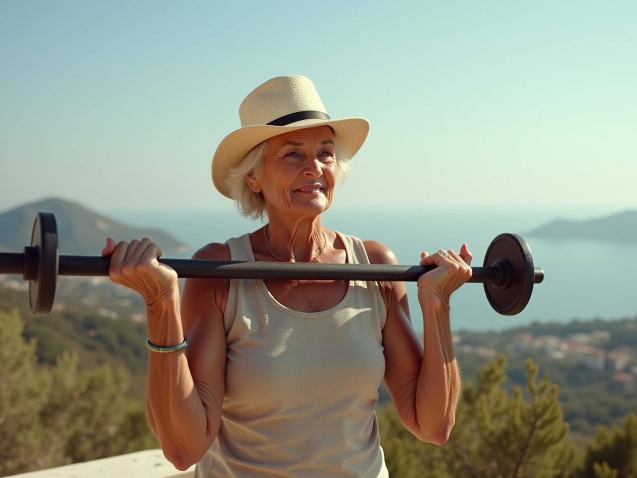 An image showing an elderly Greek woman lifting olive oil bottles as weights, with a beautiful Mediterranean landscape in the background.
