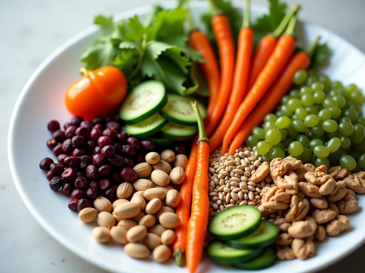A vibrant plate filled with colorful vegetables, legumes, nuts and seeds, representing a healthy and balanced vegan diet.