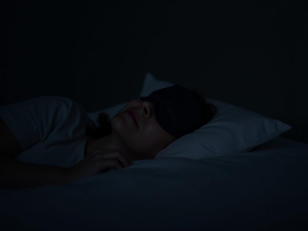 A person sleeping peacefully in a dark room with a sleep mask on.