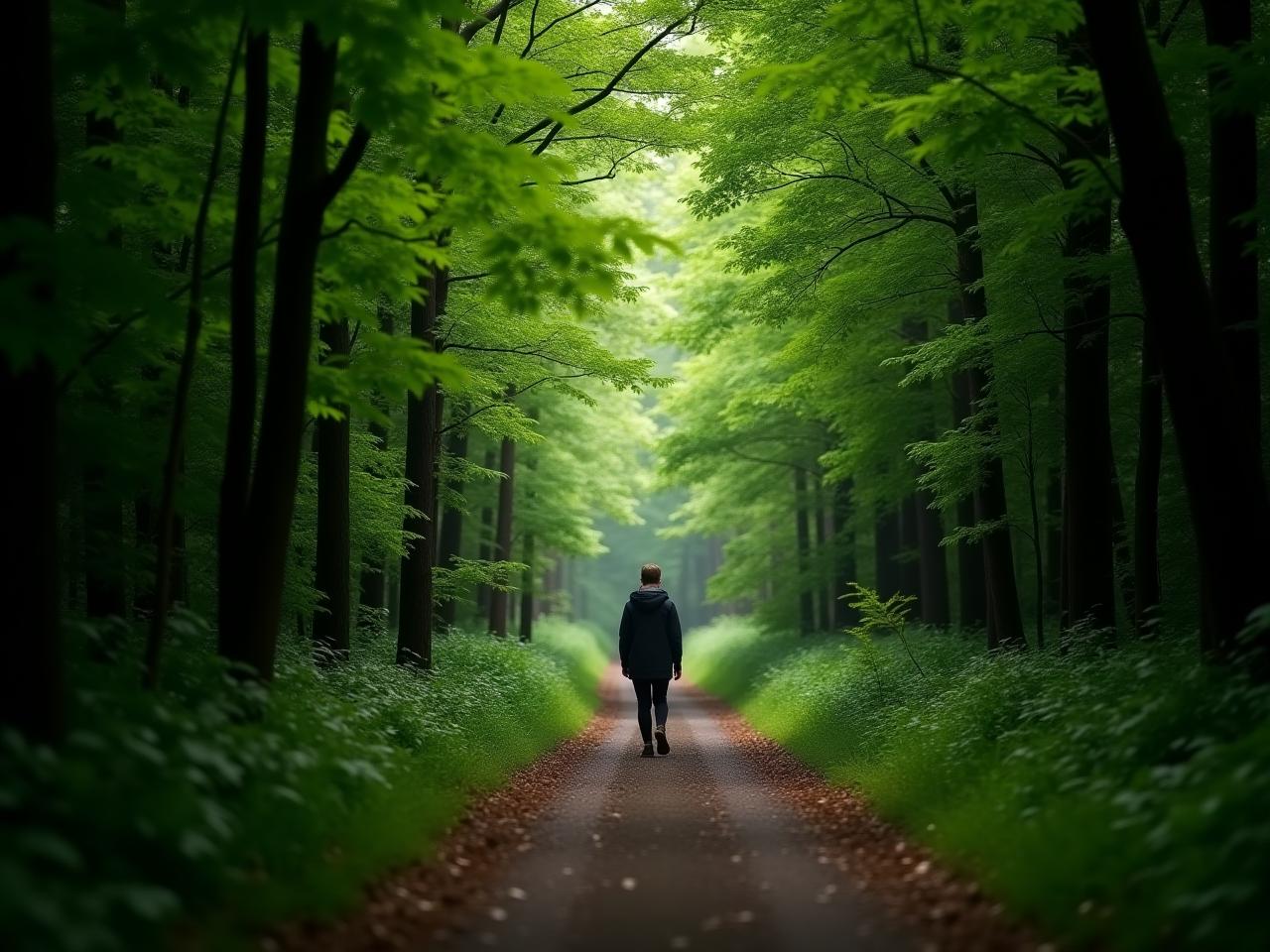 A person walking alone on a forest path surrounded by lush green trees.