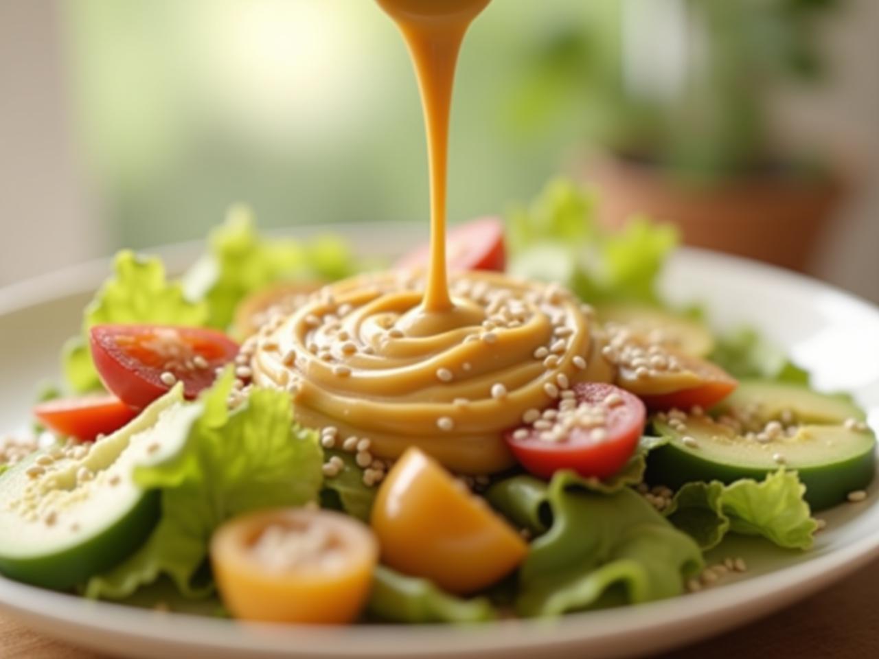 A close-up shot of tahini drizzled over a salad, with sesame seeds sprinkled on top. The background is a bright kitchen setting with natural light.