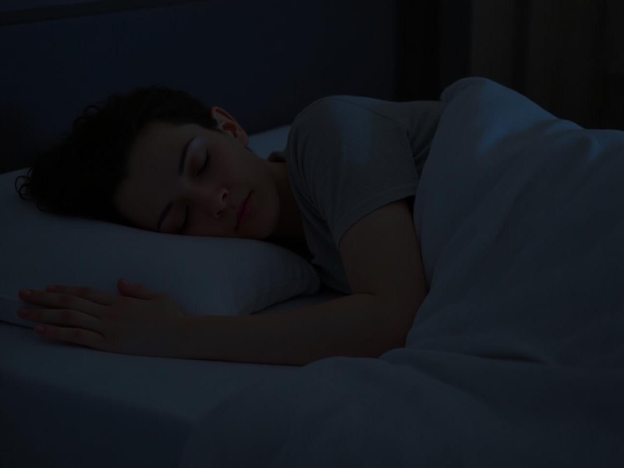 Person sleeping peacefully in a dark room, emphasizing relaxation and quality sleep.
