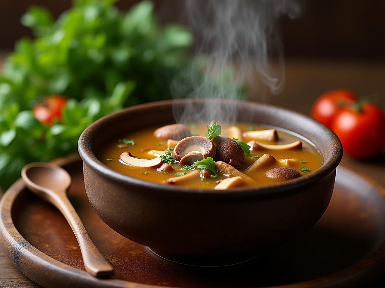 A steaming bowl of mushroom soup with reishi and maitake mushrooms, surrounded by fresh herbs and vegetables.
