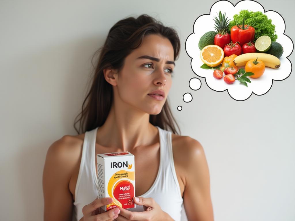 A woman looking tired, holding a box of iron supplements, with a thought bubble showing healthy foods rich in iron.