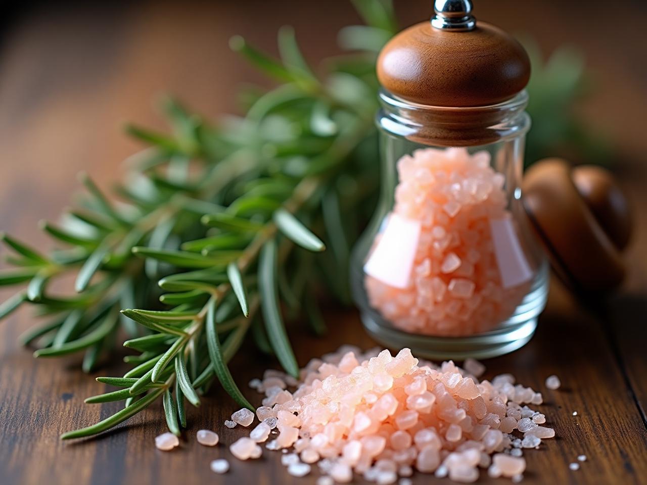 A close-up shot of a salt shaker with Himalayan pink salt crystals, next to fresh herbs like rosemary and thyme, placed on a rustic wooden kitchen table.