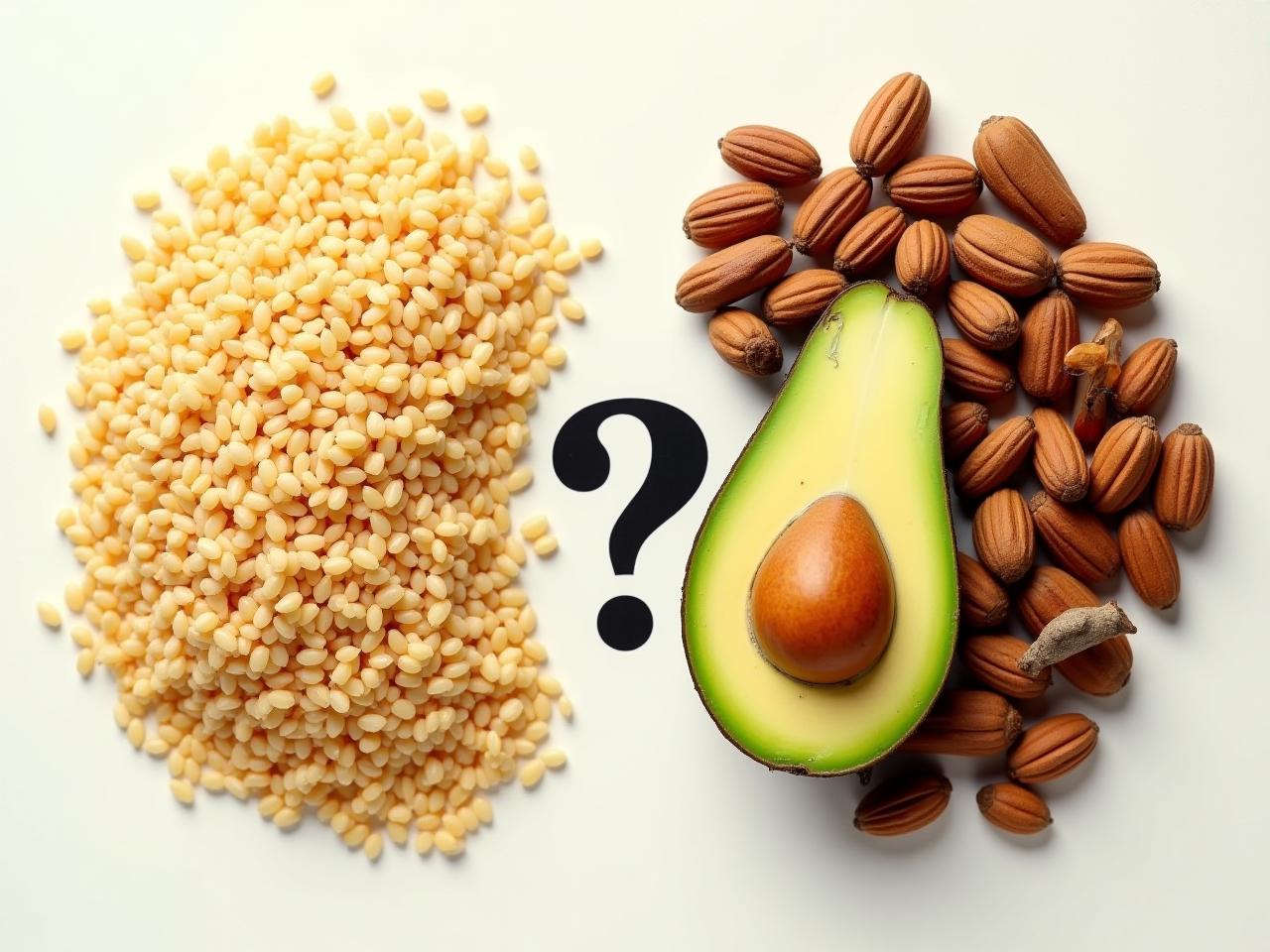 A comparison image of whole grains (like brown rice and quinoa) and ketogenic foods (like avocado and nuts) with a question mark in the middle, symbolizing the choice between the two diets for longevity.