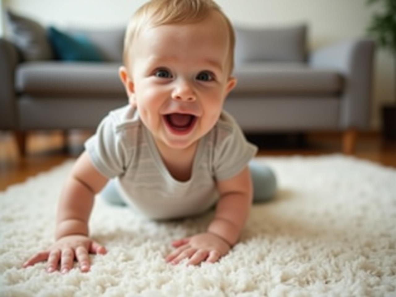 A person crawling on the floor in a bear crawl position, smiling and looking towards the camera. In the background, there is a living room setting.