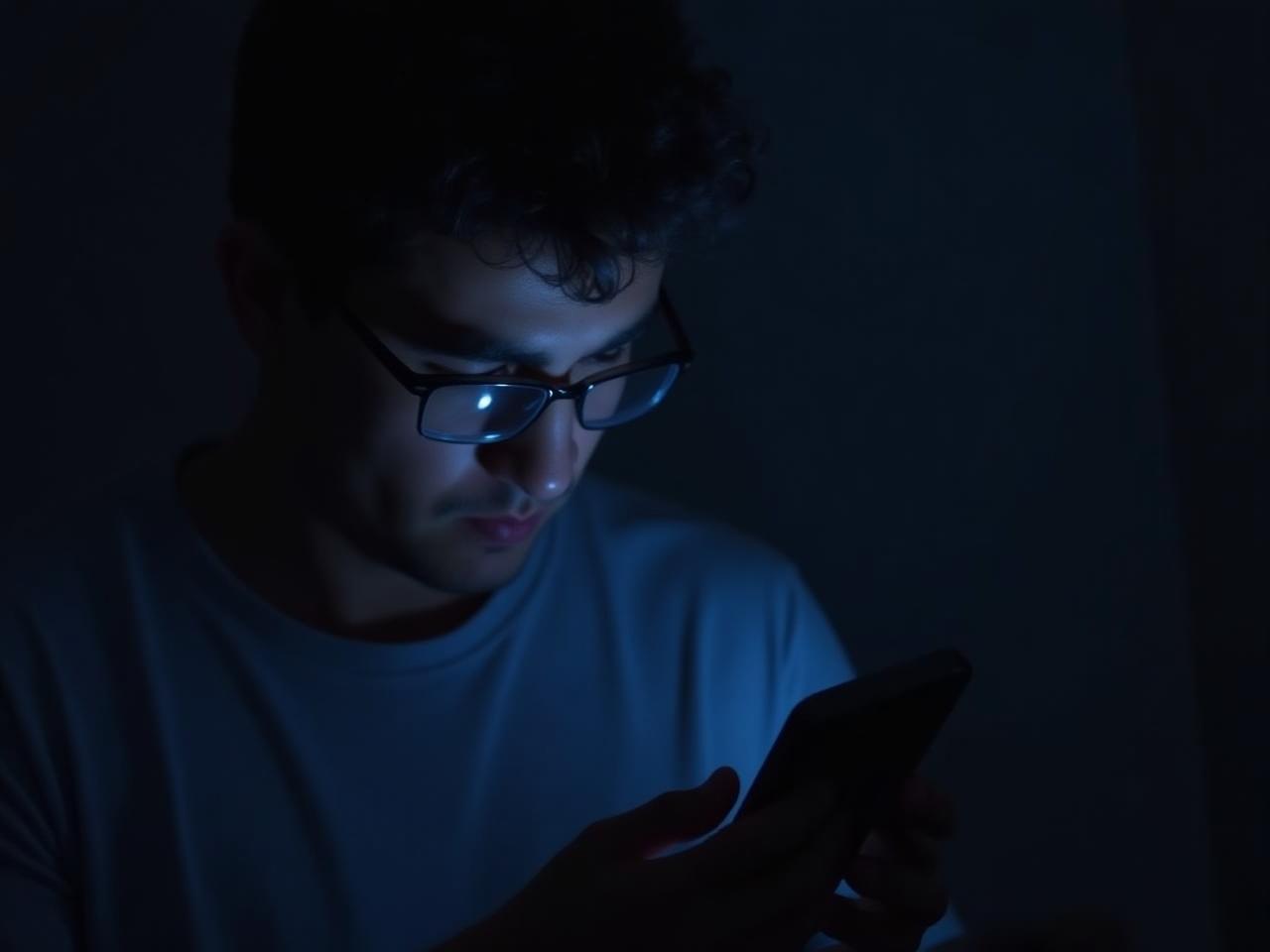 A person wearing blue light blocking glasses while looking at a phone screen in a dimly lit room.